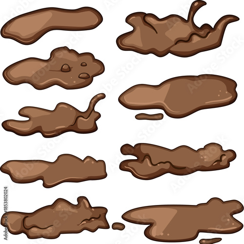 Puddles of dirty brown mud splashing and splattering with droplets and small dirt particles, wet goo and stains on white background, isolated vector illustration for messy concepts