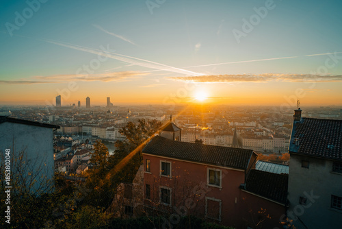 Aerial View Lyon France including Rivers Church and Tower at night