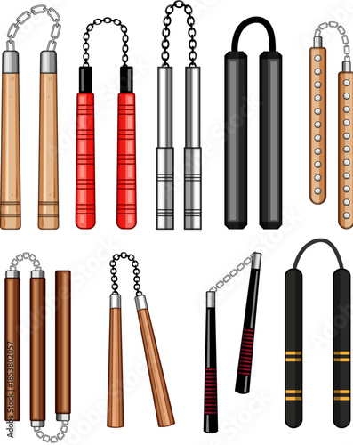 Set of nunchaku weapons showing various types, materials and designswood, metal, foam and chain connected sticks for martial arts training, self defense and practice