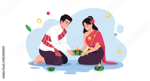 Happy Thai couple in traditional clothing celebrating the Loi Krathong festival by floating decorated baskets in the water.