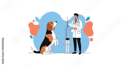 Male veterinarian preparing a vaccine in a large syringe for a calm beagle dog that is sitting up and waiting patiently.