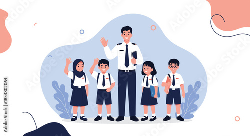 Friendly male pilot in uniform standing with a group of diverse and happy elementary school students in their school uniforms.