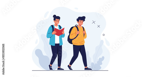 Two male university students with backpacks walking and talking together one of them reading a book while they walk to class.