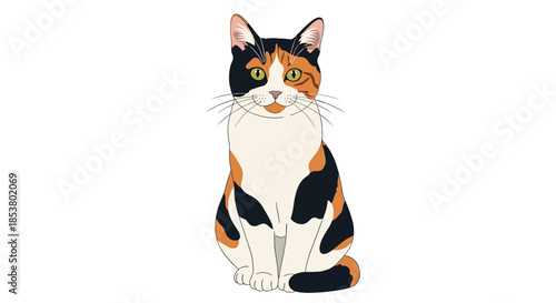 Front view illustration of a beautiful calico cat with tricolor fur sitting gracefully and looking forward on a white background.
