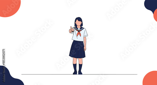 Japanese schoolgirl in a traditional sailor uniform standing and giving a thumbs up gesture with a confident expression.