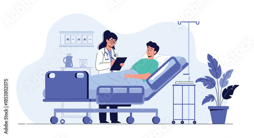 Female doctor with a clipboard checking on a male patient who is resting in a hospital bed with an IV drip in a room.