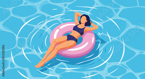 Young woman in a bikini relaxing and floating on a pink inflatable ring in the clear blue water of a swimming pool in summer.