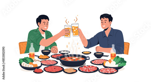Two happy male friends toasting with glasses of beer while enjoying a large and delicious hot pot meal together at a table.