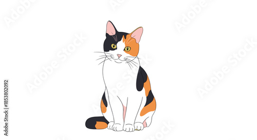 Cute calico cat with black orange and white fur sitting and looking with a curious and friendly expression on its face.