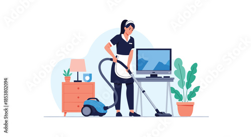 Professional female maid from a cleaning service in uniform vacuuming the floor of a modern living room with a vacuum cleaner.