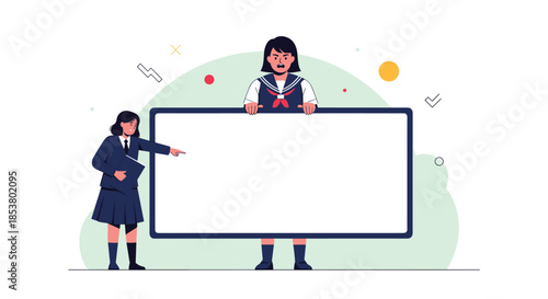 Two Japanese schoolgirls one angry and one serious pointing at a large blank white board for your message or presentation.