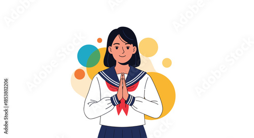 Smiling Japanese schoolgirl in a traditional sailor uniform making a respectful greeting gesture with her hands together.