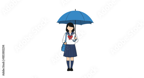 Full body illustration of a Japanese schoolgirl in a sailor uniform holding a large blue umbrella on a white background.