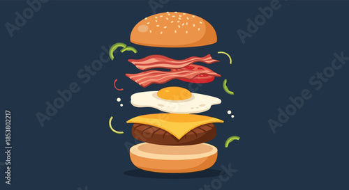 Delicious deconstructed bacon cheeseburger with a fried egg showing all its layers flying in mid-air on a dark background.