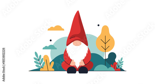 A charming garden gnome with a long white beard and a pointy red hat sitting peacefully in a stylized natural landscape.