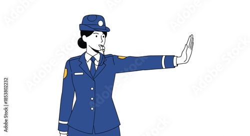 Japanese female police officer in a blue uniform blowing a whistle while making a stop hand gesture to direct traffic.