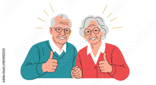 Happy and healthy elderly couple smiling and giving a thumbs-up gesture of approval with sparkles around their heads.
