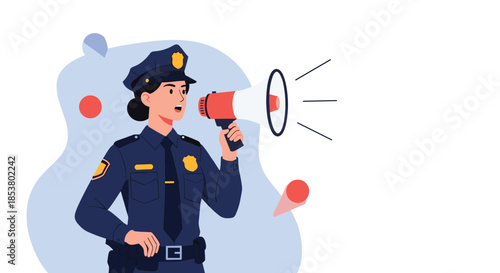 Female police officer in uniform making an important announcement or giving a warning using a red and white megaphone.