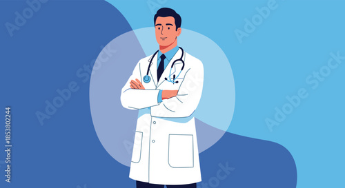 Confident male doctor in a white lab coat with a stethoscope standing with his arms crossed against a blue background.