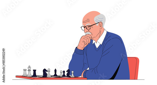 Elderly man with glasses concentrating deeply on a game of chess contemplating his next strategic move with his hand on his chin.