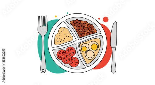 Top view of a healthy balanced meal on a partitioned plate with beans eggs tomatoes and hummus served with a fork and knife.