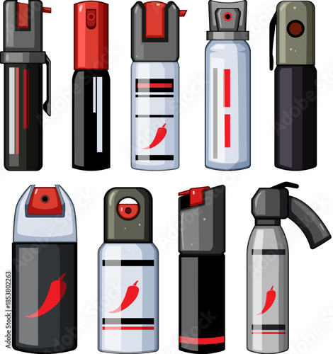 Collection of various self defense pepper sprays, featuring designs with chili pepper symbols communicating a concept of personal protection and security