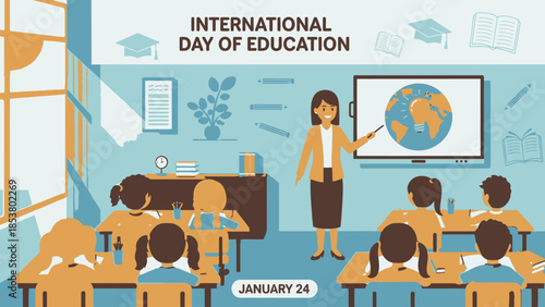 International Day of Education Classroom Scene with Teacher and Students