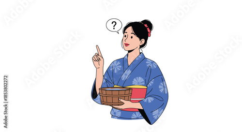 Puzzled Japanese woman in a traditional blue yukata holding a wooden basin with a question mark thought bubble above her head.