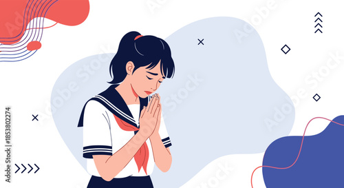 Japanese schoolgirl in a sailor uniform standing with her hands together in a praying or pleading gesture with a sad face.