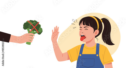 Young girl making a disgusted face and gesturing to stop refusing to eat broccoli offered to her by an adult's hand.