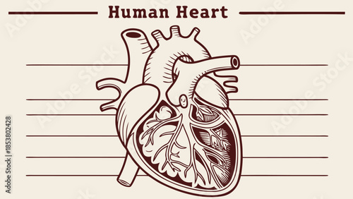 Detailed Human Heart Anatomy Diagram. Vintage Style Medical Illustration for Biology,