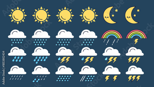 Pixel Art Weather Icons Collection: Sun, Moon, Clouds, Rain, Thunderstorm, Rainbow Symbols