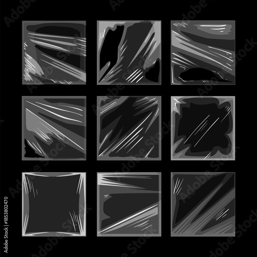 Square surfaces showing textured plastic wrap distortion with highlights and shadows, creating a versatile background for packaging or abstract design concepts