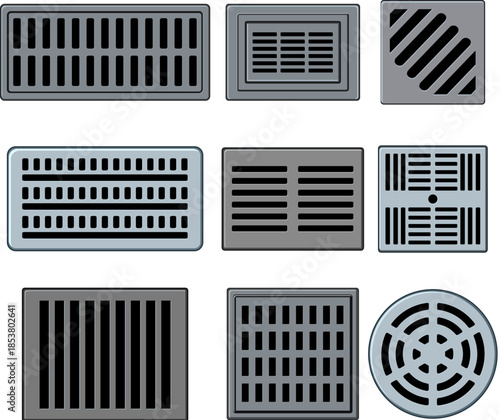Diverse collection of gray metal drainage grates and manhole covers in round, square and rectangular shapes with varied slot and grid patterns for urban and industrial drainage systems