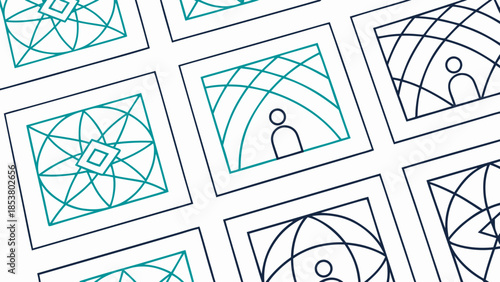 Abstract Grid with Geometric Patterns and Human Figures in Teal and Black Line Art