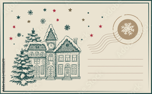 Vintage Christmas and new year postcard with stamps	