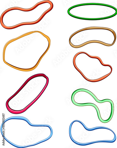 Group of elastic rubber bands in various colors and shapes, creating a versatile and flexible visual element for organization, stationery, office supplies, and binding concepts