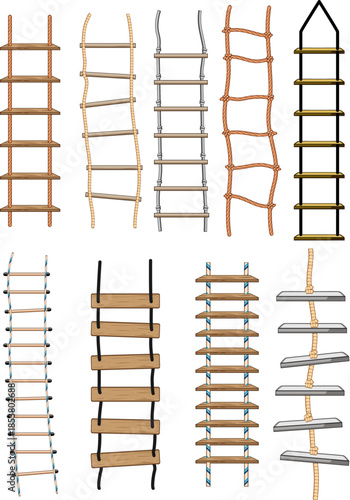 Collection of rope ladders in varied designs and materials, illustrating flexible climbing tools for adventure, playgrounds, safety, marine use, escape and outdoor access, set and vector options