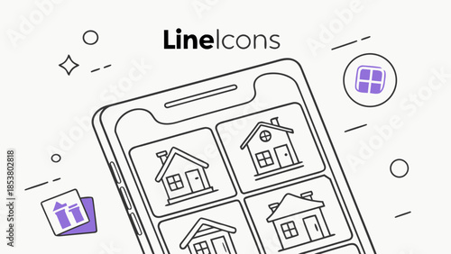 Smartphone App Displaying House Icons: Property Search & Real Estate Concept Line Art