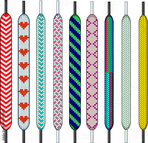 Collection of varied shoelaces in different colors and patterns, including hearts, chevrons, and stripes, illustrating options for fashion, customization, and individual expression
