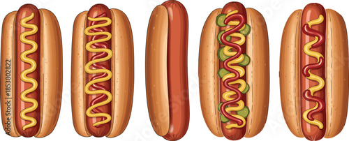 Flat Vector Illustration of Gourmet Hot Dogs with Mustard Ketchup and Relish Toppings