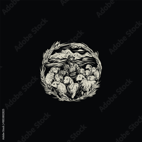 Vintage hand-drawn illustration of a bearded shepherd tending to a flock of sheep in a mountainous landscape, framed within a circular wheat wreath.