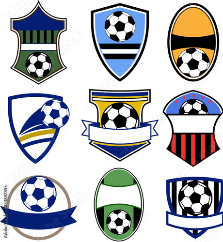 Collection of soccer emblems and crests featuring classic black and white footballs, customizable shield and ribbon badge templates for team, club, league or tournament branding and identity