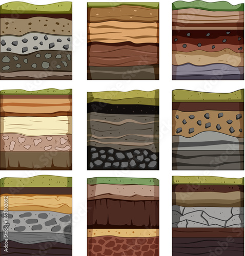 Nine distinct diagrams show various soil layers and underground cross sections, representing geological profiles with varying compositions of earth, rock, and sediment for educational concepts