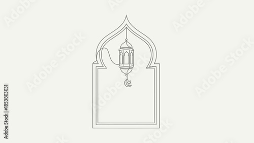 Islamic Archway Window with Ramadan Lantern and Crescent Moon, Minimalist Line Art