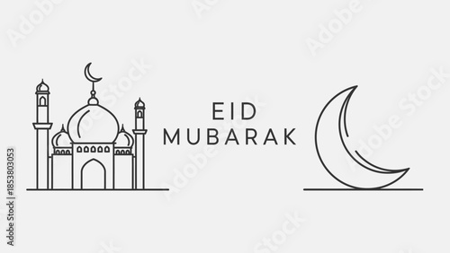 Eid Mubarak Mosque and Crescent Moon Line Art Banner