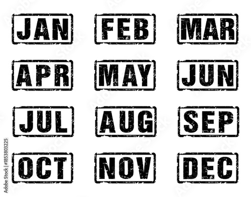 12 Months Rubber Stamp Icon Set – Vintage Grunge Monthly Calendar Labels