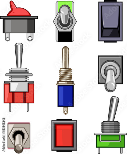 Collection of various toggle switches, rocker switches, and buttons illustrating concepts of power on and off, activation, interaction, and electronic control