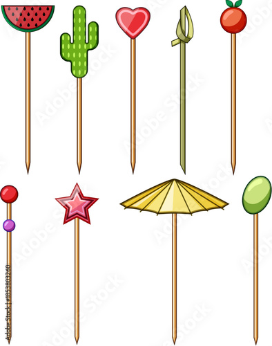 Assortment of colorful decorative toothpicks featuring various designs including fruits, a cactus, a heart, an umbrella, and stars, used for cocktails and appetizers