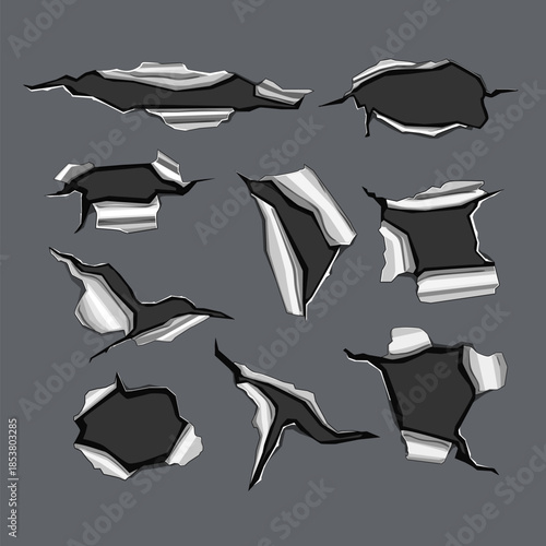 Torn metal hole illustrations creating rips and tears texture, revealing underlying layers, and suggesting destruction, damage, or impact on a gray background